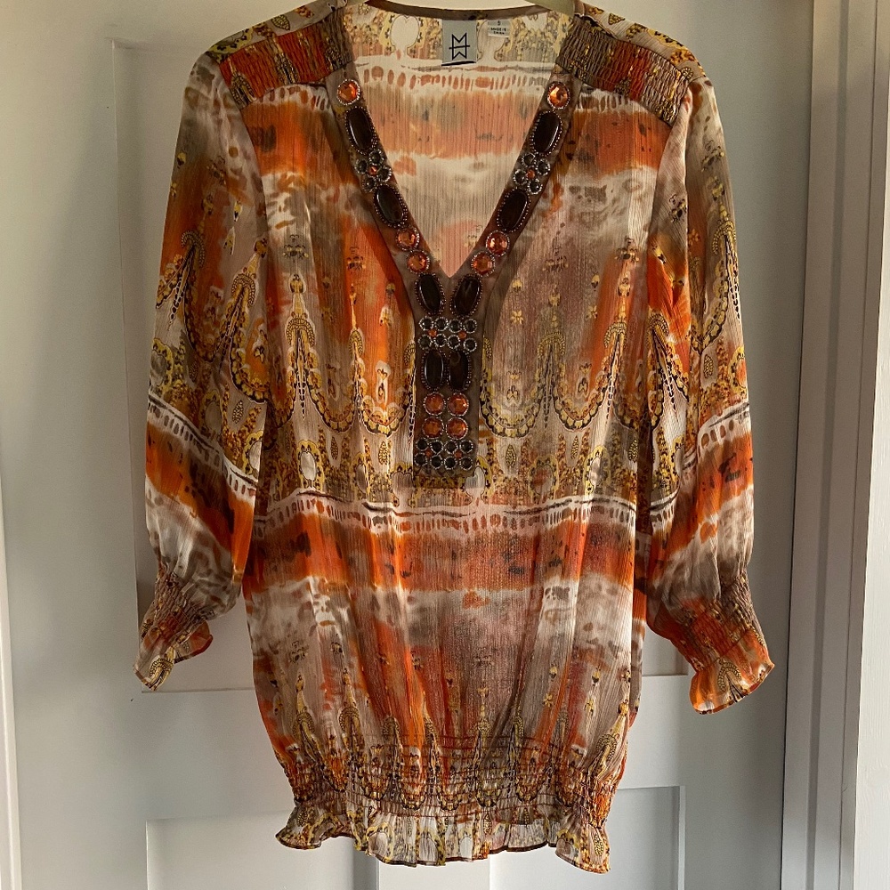 Marc Bouwer Beaded Printed Blouson Top S Small